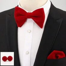 1 set Traje de boda para hombres, que incluye corbata de moño de terciopelo con forma de cuerno, pañuelo de bolsillo y gemelos para corbata de hombre