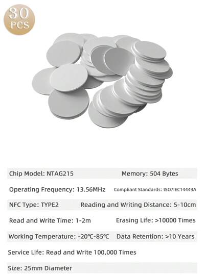30pcs NTAG215 NFC Coin Tags, 13.56MHz RFID White Round Labels, Diameter 25mm, With Storage Box