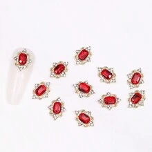 10Pcs Red Square 3D Nail Charms Multi-Faceted Gemstone Nails Rhinestone Nail Decoration Nail Art Accessories DIY Nail Supplies - Red - View 7