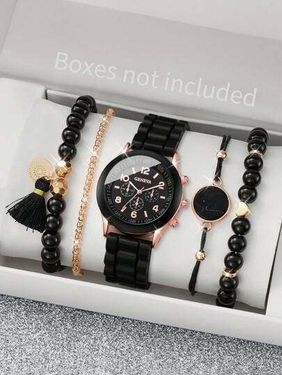 Women's Silicone Strap Fashionable Simple Dial Quartz Watch + Bracelet Set (5pcs/Set) As A Gift For Students Returning To School