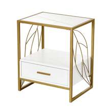 YITAHOME Side Table White And Gold With Drawers,Leaf Design Bedside Table With Storage, Wood Nightstand Storage Marble Top For Living Room - White - View 3