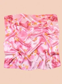 Chic & Elegant Lotus Pattern Printed Ladies Satin Scarf, Leisure Sunscreen Headband Scarf Bandana,Hair Band,Head Band Ideal For Dressing Up Your Look Valentine's Day Valentines - Pink - View 2