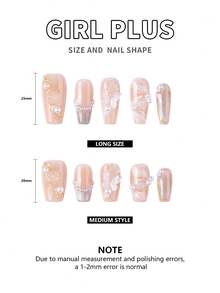 GIRL PLUS GIRLPLUS「蝴蝶山茶花」10件裝純手工製作的假指甲棺材型，閃亮的破碎鑽石珍珠蝴蝶樹脂手工指甲，金屬粉末裝飾優雅的白色時尚指甲組，適合婦女和女孩日常、約會穿戴壓克力假指甲用品 - 彩色 - 查看 9