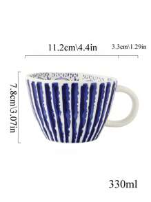 1 Stück handgefertigte asymmetrische Keramiktasse mit blau gestreiftem Muster, perfekt für Haferbrei, Morgenkaffee und Tee