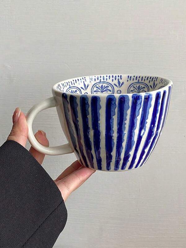 1 Stück handgefertigte asymmetrische Keramiktasse mit blau gestreiftem Muster, perfekt für Haferbrei, Morgenkaffee und Tee