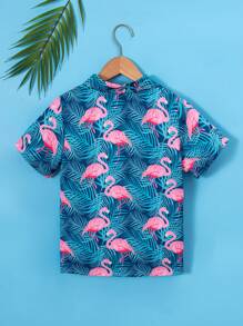 Camisa casual de manga corta con estampado tropical de hojas de palma y flamencos para niño pequeño, perfecta para vacaciones, fiestas, salidas, etc.