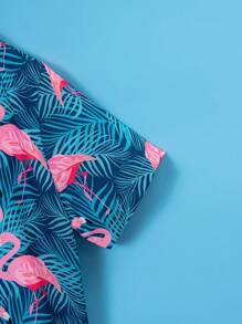 Camisa casual de manga corta con estampado tropical de hojas de palma y flamencos para niño pequeño, perfecta para vacaciones, fiestas, salidas, etc.