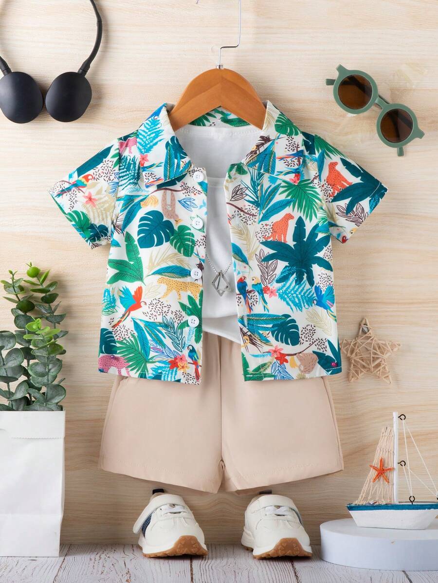 Conjunto de ropa de primavera/verano para bebé niño con estampado de dibujos animados en 2 piezas, camiseta y pantalones cortos - Multicolor - Ver 1