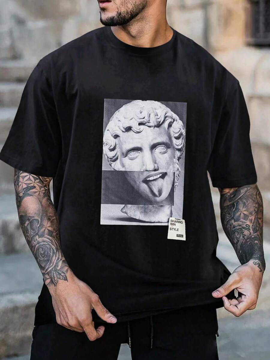 MURAMASA Hombres Camiseta estatua con con estampado de figura - Negro - Ver 1
