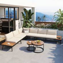 Nestfair 6-Piece Outdoor Sectional Sofa Set With Round Nesting Coffee Tables And Cushions