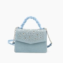 Overflap Denim Woven Crossbody Bag, Rhinestone Gem Embellished Purse For Women, Teen Girls, Vegan Leather Scrunchie Top Handle Bag, Ideal For Date, Gift Idea, Travel, Concerts - 藍色 - 查看 1