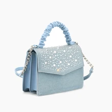 Overflap Denim Woven Crossbody Bag, Rhinestone Gem Embellished Purse For Women, Teen Girls, Vegan Leather Scrunchie Top Handle Bag, Ideal For Date, Gift Idea, Travel, Concerts - 藍色 - 查看 3