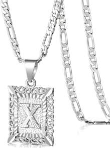 Collar con colgante de letra inicial para mujeres y hombres, collar de monograma cuadrado con capital en chapa de oro blanco de 18K con letras del alfabeto de A-Z y cadena Figaro