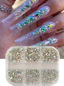 6 格指甲水钻 3D 美甲玻璃水晶 ABNail 石 Y2K 美学宝石珍珠水晶水钻吊饰，含 2 支指甲蜡笔、1 支镊子、1 支迷你卷笔刀 - 彩色 - 查看 2