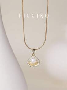 FICCINO Faux Pearl Shell Shaped Pendant Gold-Plated With Cubic Zirconia Inlaid Jewelry Titanium Steel Gold-Plated Snake Chain Women Necklace, Perfect For Parties At The Beach Or Ballroom, Great For Daily Or Festival Occasions, Comes With A Box As Mother's Day Or Anniversary Gift