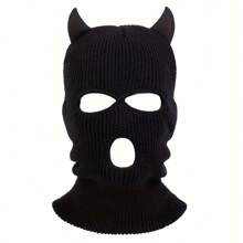 1pc Men's Knitted Horns Hat With Three Holes, Balaclava Cap, Suitable For Outdoor Activities In Spring And Autumn, Windproof And Warm Halloween Beanie Fall Outfit - Black - View 1