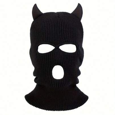 1pc Men's Knitted Horns Hat With Three Holes, Balaclava Cap, Suitable For Outdoor Activities In Spring And Autumn, Windproof And Warm Halloween Beanie Fall Outfit