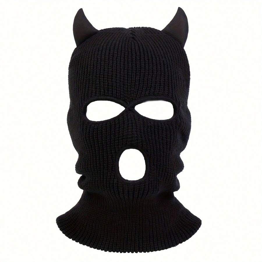 1pc Men's Knitted Horns Hat With Three Holes, Balaclava Cap, Suitable For Outdoor Activities In Spring And Autumn, Windproof And Warm Halloween Beanie Fall Outfit - Black - View 1