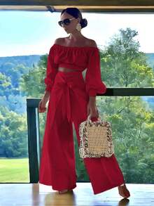 Conjunto De Dos Piezas De Blusa Corta De Hombro Descubierto Con Manga Corta Y Pantalón Para Mujer - Rojo - Ver 4