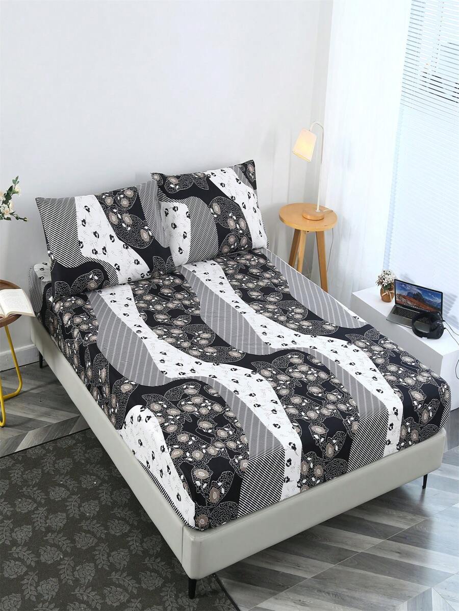 3pcs Creative Pattern Printed Bedding Set, Soft And Comfortable, Suitable For Bedroom And Guestroom (1 Fitted Sheet + 2 Pillowcases, Without Comforter) - Black and White - View 1