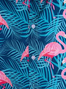 Camisa casual de manga corta con estampado tropical de hojas de palma y flamencos para niño pequeño, perfecta para vacaciones, fiestas, salidas, etc.