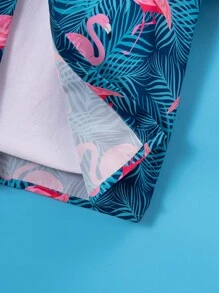 Camisa casual de manga corta con estampado tropical de hojas de palma y flamencos para niño pequeño, perfecta para vacaciones, fiestas, salidas, etc.