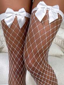 1 Đôi Vớ lưới rộng đến đùi màu trắng cho nữ có chi tiết nơ - trắng - Xem 6