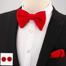 1 set Traje de boda para hombres, que incluye corbata de moño de terciopelo con forma de cuerno, pañuelo de bolsillo y gemelos para corbata de hombre