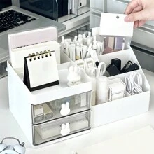 1 pièce Organiseur de bureau charmant thème lapin avec 2 tiroirs transparents - Boîte de rangement en plastique durable pour fournitures de bureau et articles divers, idéal pour la décoration de la maison et du bureau, fournitures scolaires, cadeau de fête, cadeau de Noël, rentrée scolaire, fournitures scolaires, trousse à crayons, sac d'école