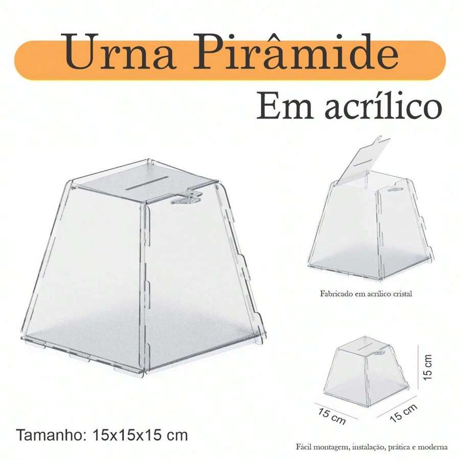 Urna Acrílico Sorteio Caixa Sugestões Pirâmide 15 X 15 Cm - Transparente - Visão 1