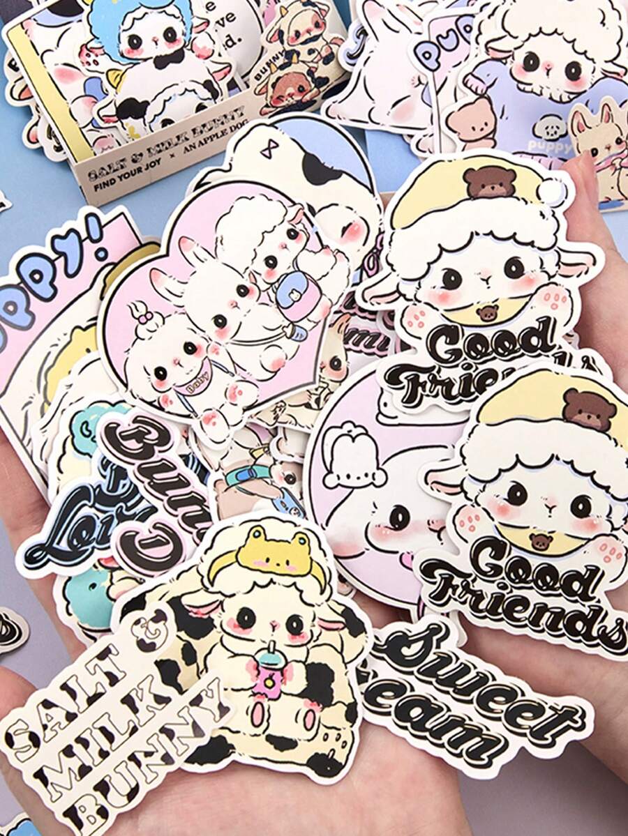 1包/30張韓式可愛卡通貼紙，帶有柔軟可愛的兔子和羊設計，適用於DIY剪貼簿、日記、禮品裝飾