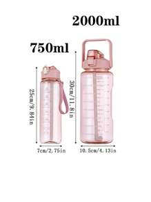 1pc Pink 750/2000ml  Capacity Straw Water Bottle With Scale, Fresh & Heat Resistant Sports Plastic Drinking Bottle - Pink - View 2