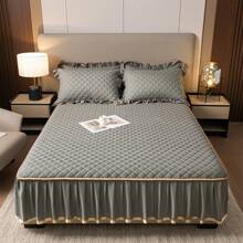 3pcs Set Quilted Thickened Fitted Sheet, Mattress Protector, Includes 1pc Fitted Sheet + 2pcs Pillowcases, Machine Washable, 4-Season Use - Grey - View 10