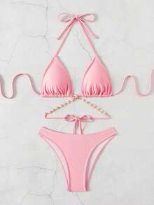 Luxury Shell Decor Lanyard, Solid Color Nylon Triangle Bikini Set - Pink - View 3