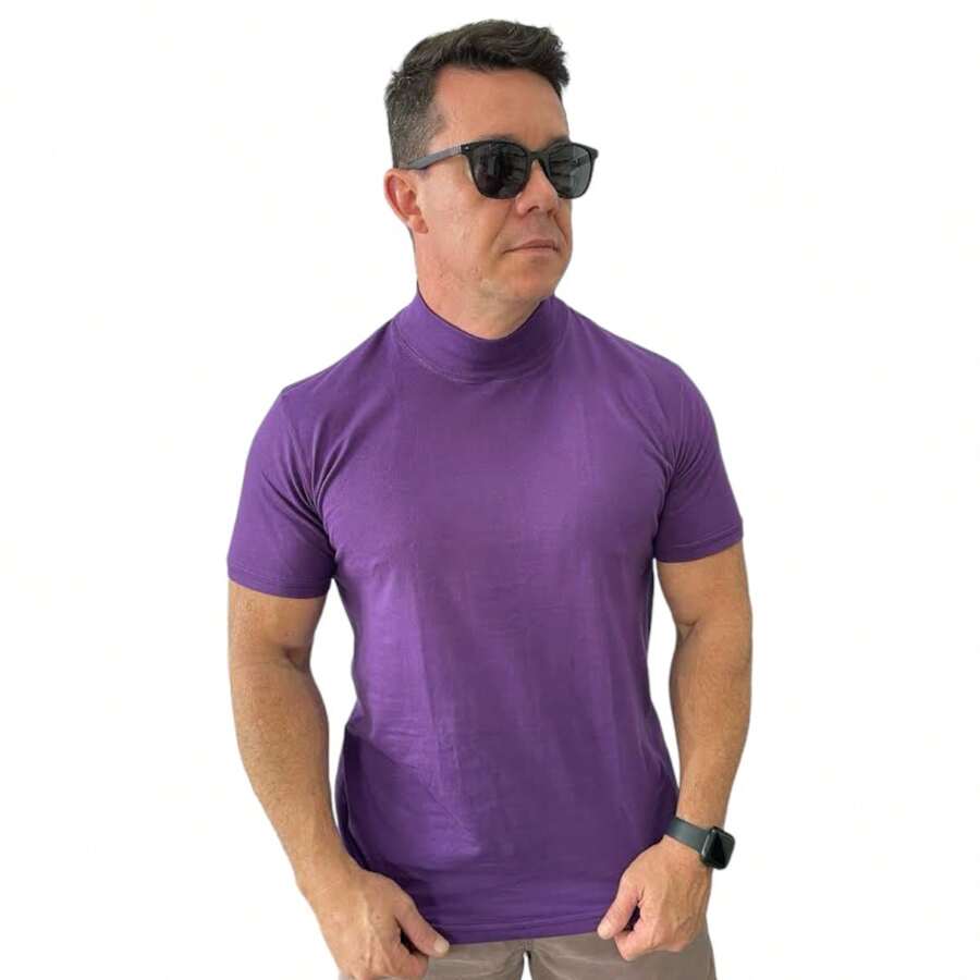 Camiseta Gola Alta Casual Algodão Roxa - Roxo - Visão 1