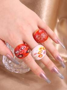 1pc Colorful Vintage Pattern Wide Glass Ring, Summer Fashion Jewelry Gift For Women On Vacation - Multicolor - View 2