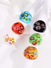 1pc Colorful Vintage Pattern Wide Glass Ring, Summer Fashion Jewelry Gift For Women On Vacation - Multicolor - View 3