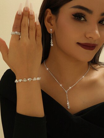 5pcs/Set Fashionable Copper Rhinestone Necklace Set, Including 1 Necklace, 1 Pair Of Earrings, 2 Bracelets And 1 Ring, Suitable For Daily Wear