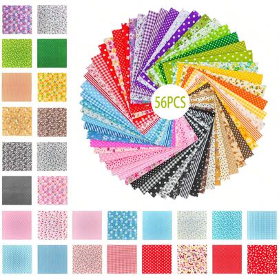 56 pièces Morceaux de tissu uni à motifs assortis, patchwork, morceaux de tissu de couture matelassée pré-coupés pour la décoration de la maison, les poupées, les oreillers