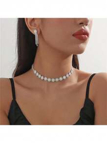 2 Stücke/Set (Halskette + Ohrringe) Künstliche Perlen & Kristall Blumen Halskette Ohrringe Set, elegante formelle Minimalistische Choker Halskette