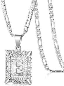 Collar con colgante de letra inicial para mujeres y hombres, collar de monograma cuadrado con capital en chapa de oro blanco de 18K con letras del alfabeto de A-Z y cadena Figaro
