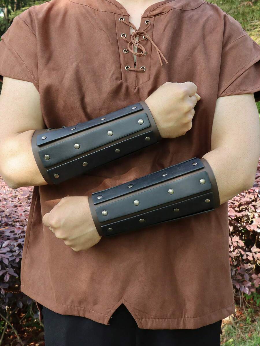 复古中世纪维京战士服装仿皮腕带 - 万圣节、角色扮演派对的完美之选 - 棕色 - 查看 1
