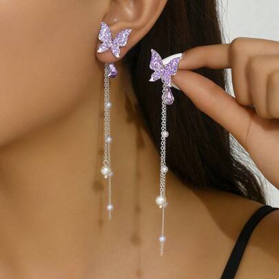 1pc Elegant Purple Butterfly Earrings With Long Pearl Tassel, Flattering Design For Women