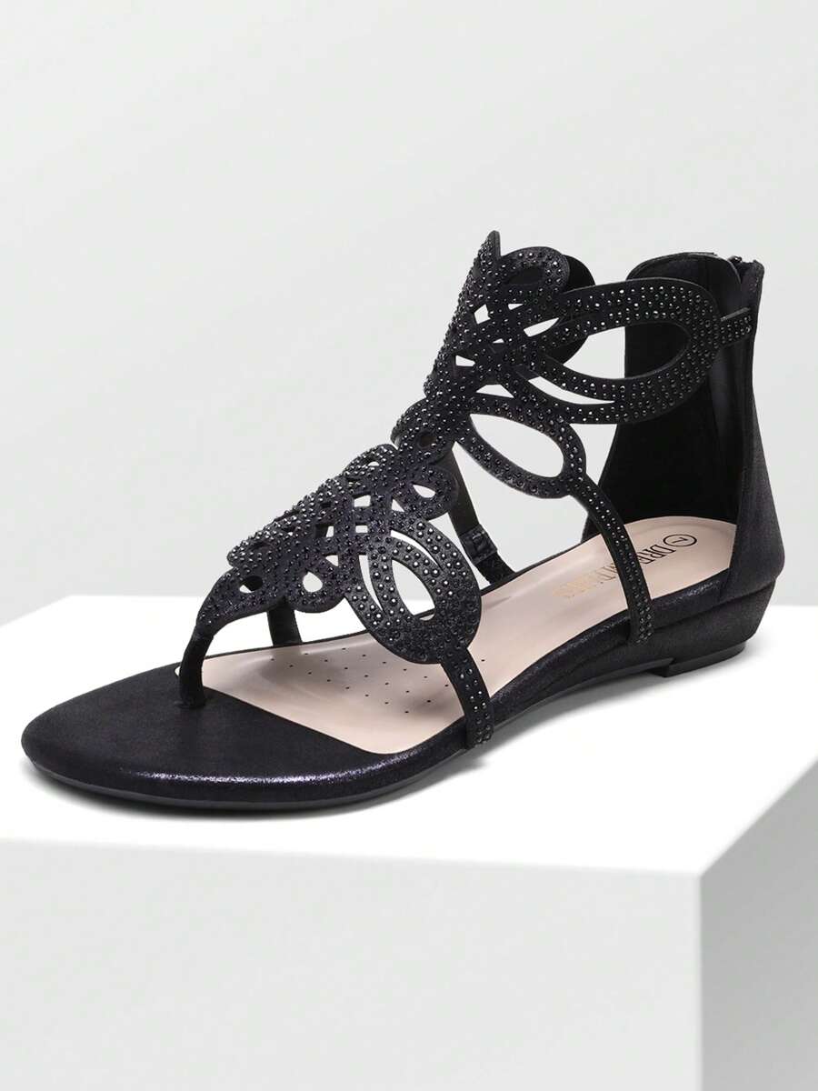 Women's Jewel Rhinestones Design Ankle High Flat Sandals - 黑色 - 查看 1
