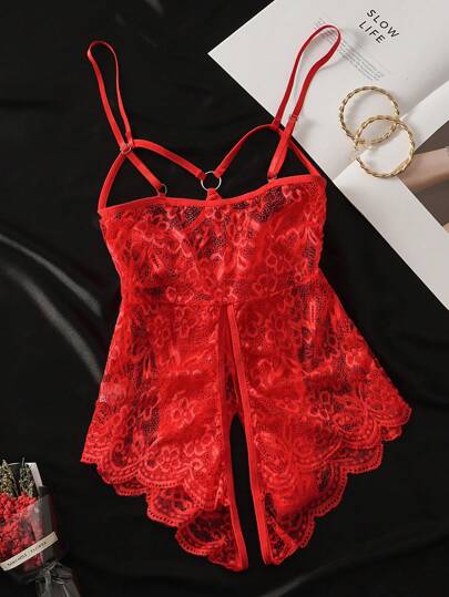 1pc Verleidelijke Lingerie Kanten See Through Open Crotch Bodysuit, Baddie Look view 6