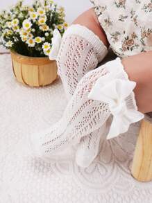 1 Paar Sommer Baby Mädchen Socken mit Schleife, Kinder lange weiße Kniestrümpfe mit Hohlmuster, Kleinkind Prinzessin Netzsocken