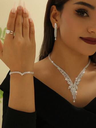 European And American Luxury V-Neck Copper & Cubic Zirconia Jewel Necklace Set: 1 Necklaces, 1 Pair Earrings, 1 Bracelets, And 1 Ring; Suitable For Daily Wear, Weddings, Parties And Other Occasions.