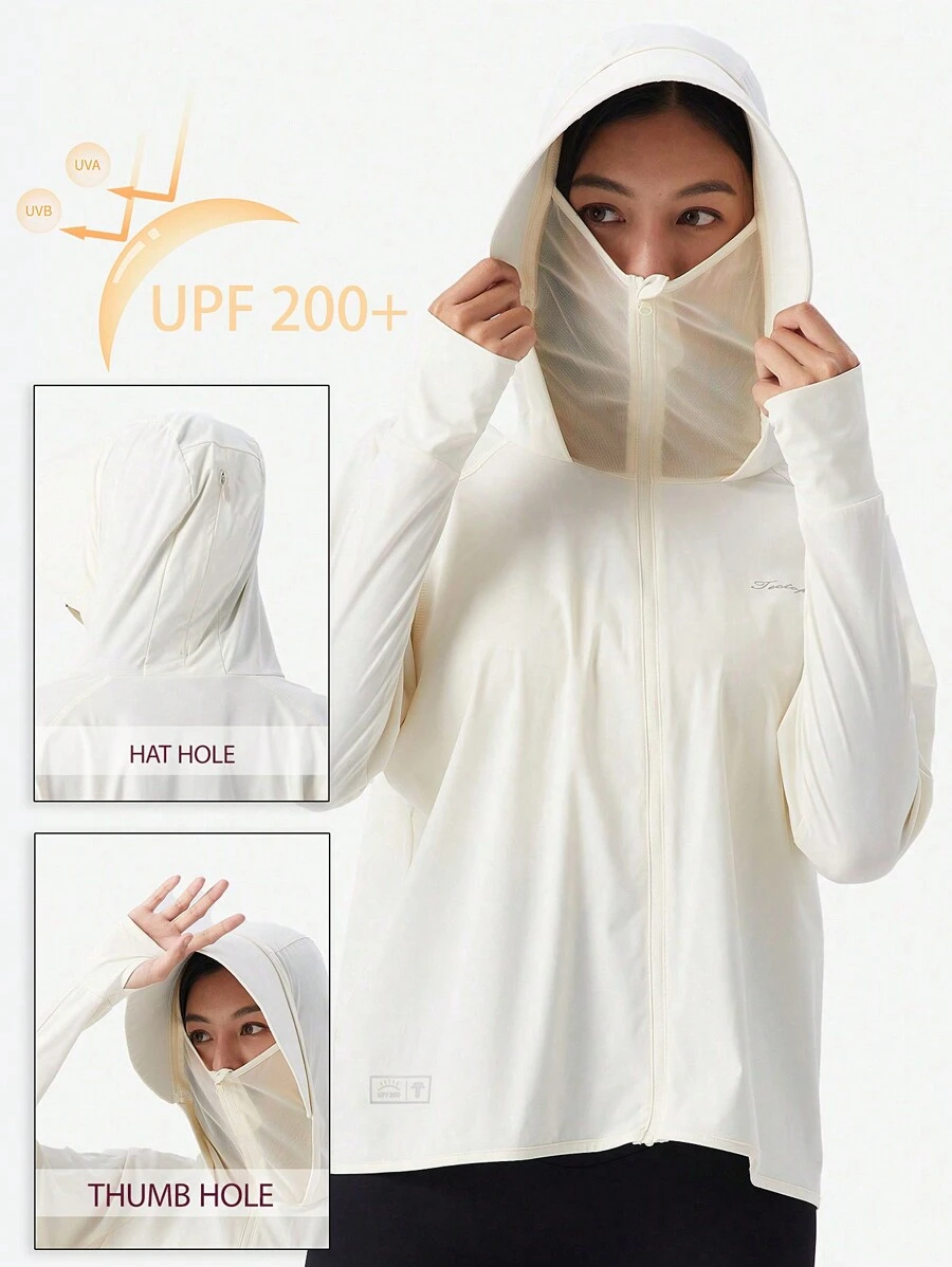 TECTOP 女款防曬連帽外套,upf 200+全拉鍊紫外線防護,適用於戶外徒步旅行的長袖衣,帶可拆卸連帽,加上拇指孔 - 白色 - 查看 1