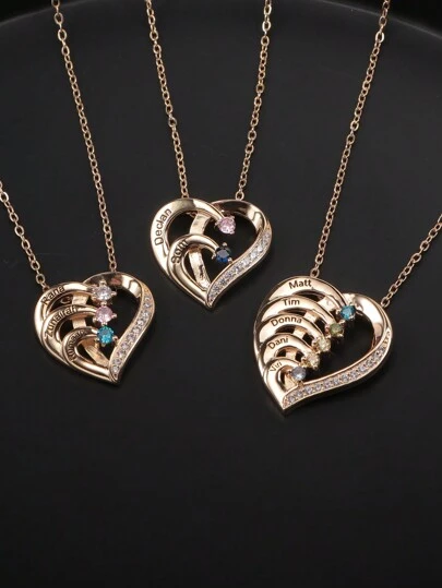 Customized Personalized Heart Shaped Birthstone Inlaid Name Engraved Necklace, Mother's Day Gift, Valentine's Day Gift, Anniversary Gift, Best Friends Classmates Graduation Christmas Family High-End Gift Silver,Gold,Rose Gold Stylish,Fall Fashion,Contracted,Simple,Casual,Old Money,Colorful,Soccer Mom Custom,Personalized,Unique Ideal Gifts For Her Girlfriend,Mom,Family,Friends,Daughter For Anniversaries,For Birthdays,For Daily Wear,For Prom,For Mother's Day,For Valentine's Day,For Graduation,For Weddings