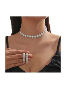 2 Stücke/Set (Halskette + Ohrringe) Künstliche Perlen & Kristall Blumen Halskette Ohrringe Set, elegante formelle Minimalistische Choker Halskette